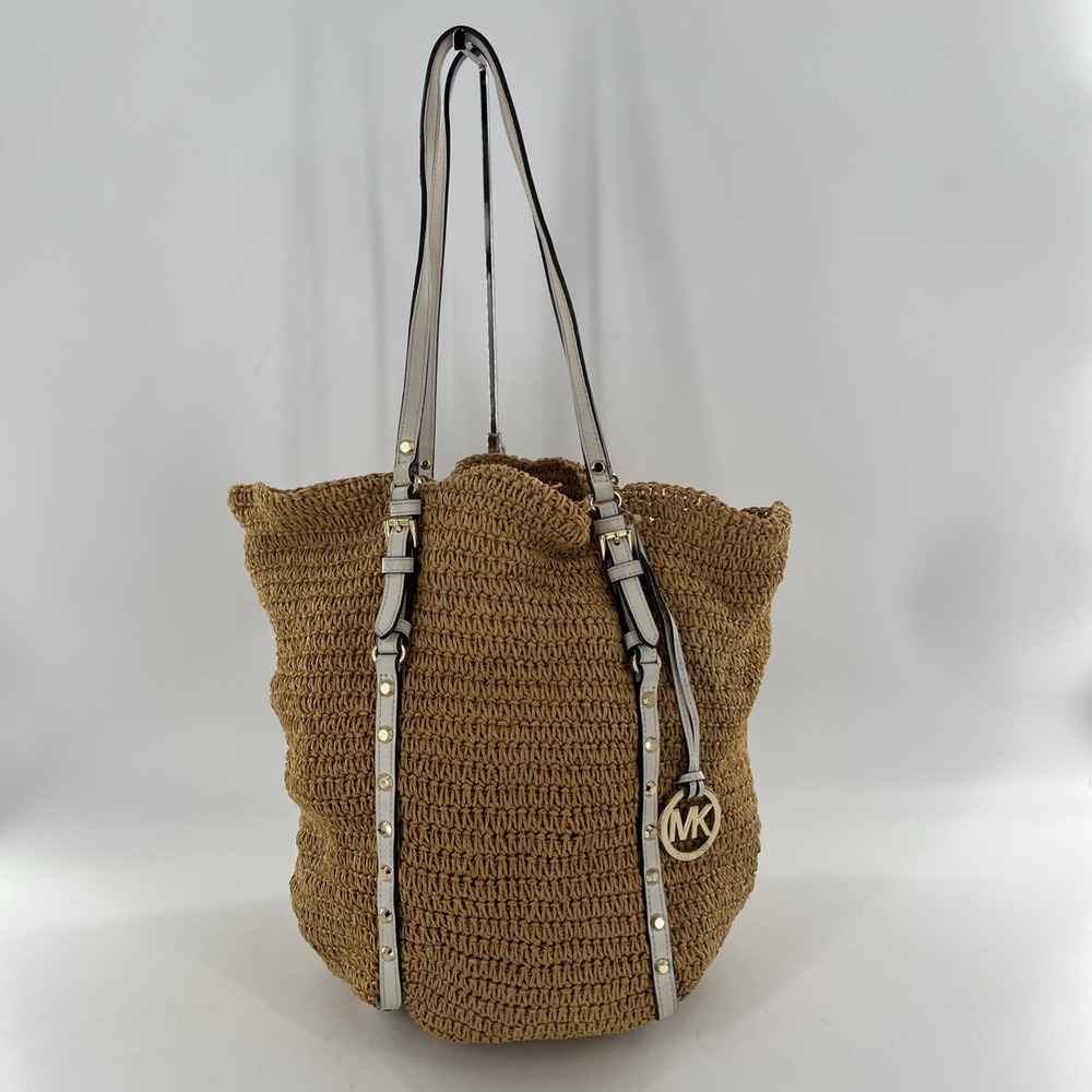 Michael Kors Beachy Shopper Tote Raffia Straw Jute Leather Strap Studs Bag Charm